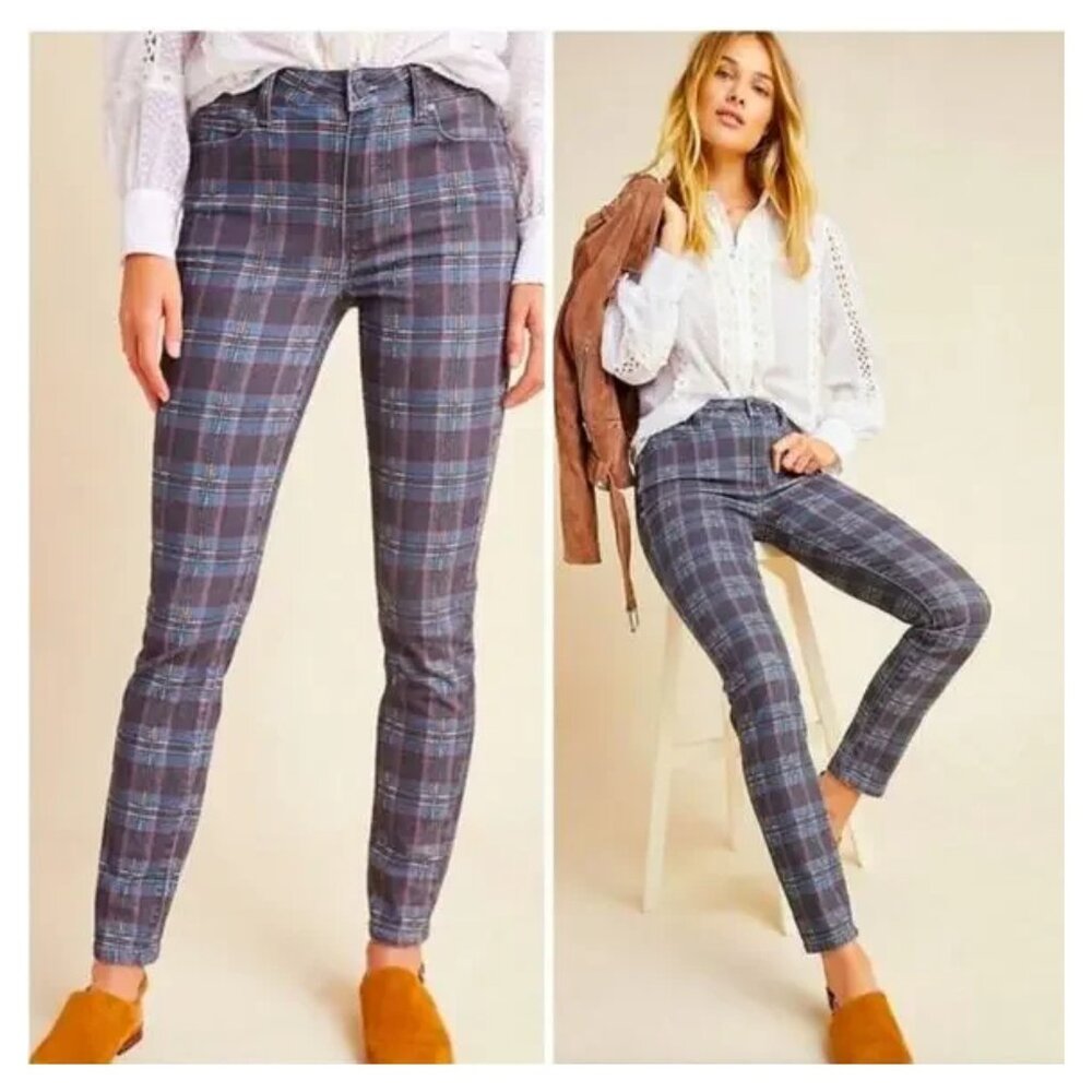 PAIGE Denim Hoxton Ultra Skinny Multicolor Black Atlantic Tartan Plaid Jeans